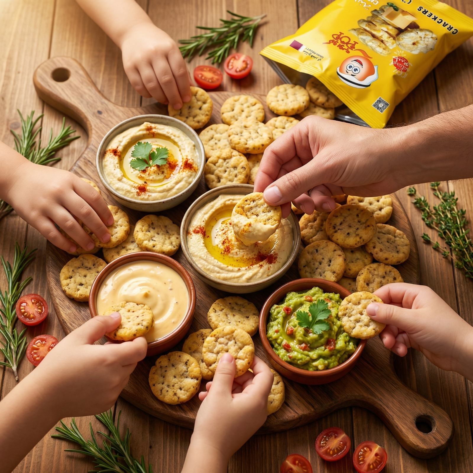 QPOP crackers with dips
